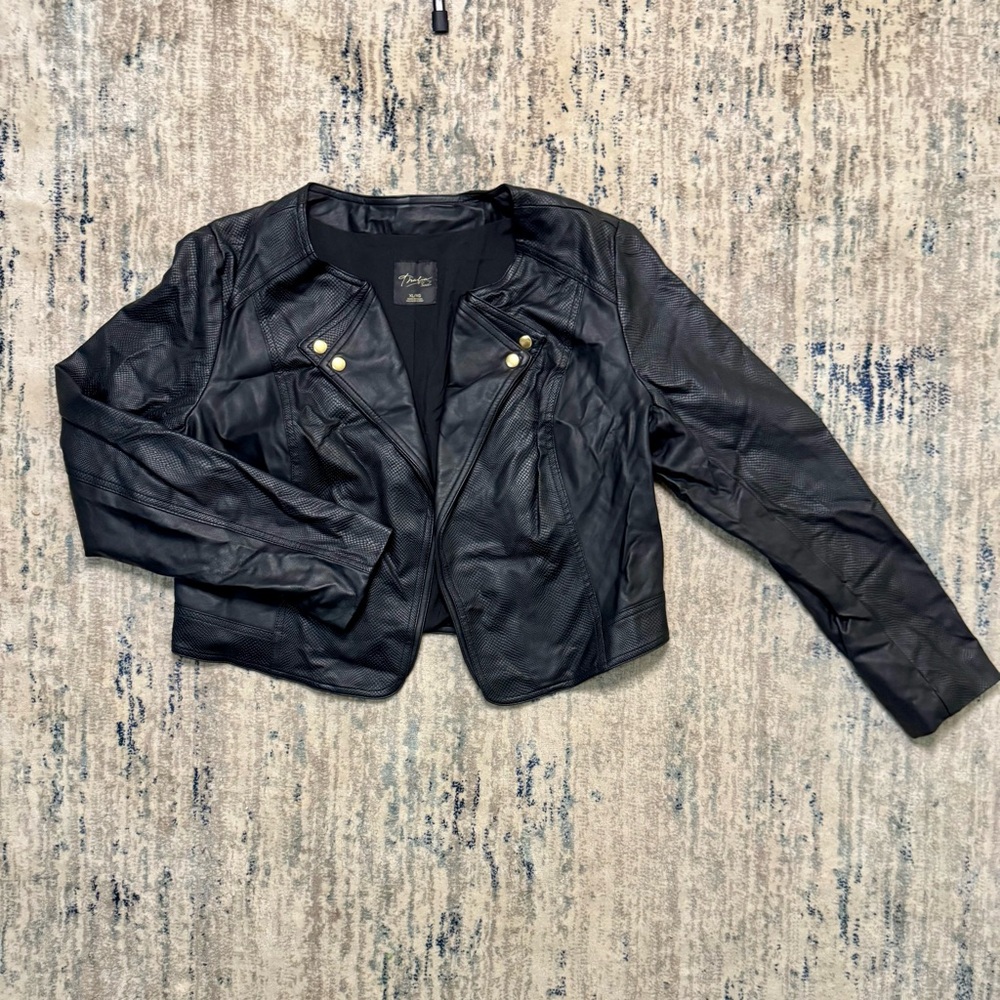 Faux Leather Thalia Sodi Moto Jacket Women's XL Black Open-front Gold Accent